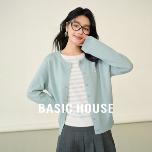 女温柔风宽松长袖 百家好假两件条纹拼接针织开衫 上衣 House Basic