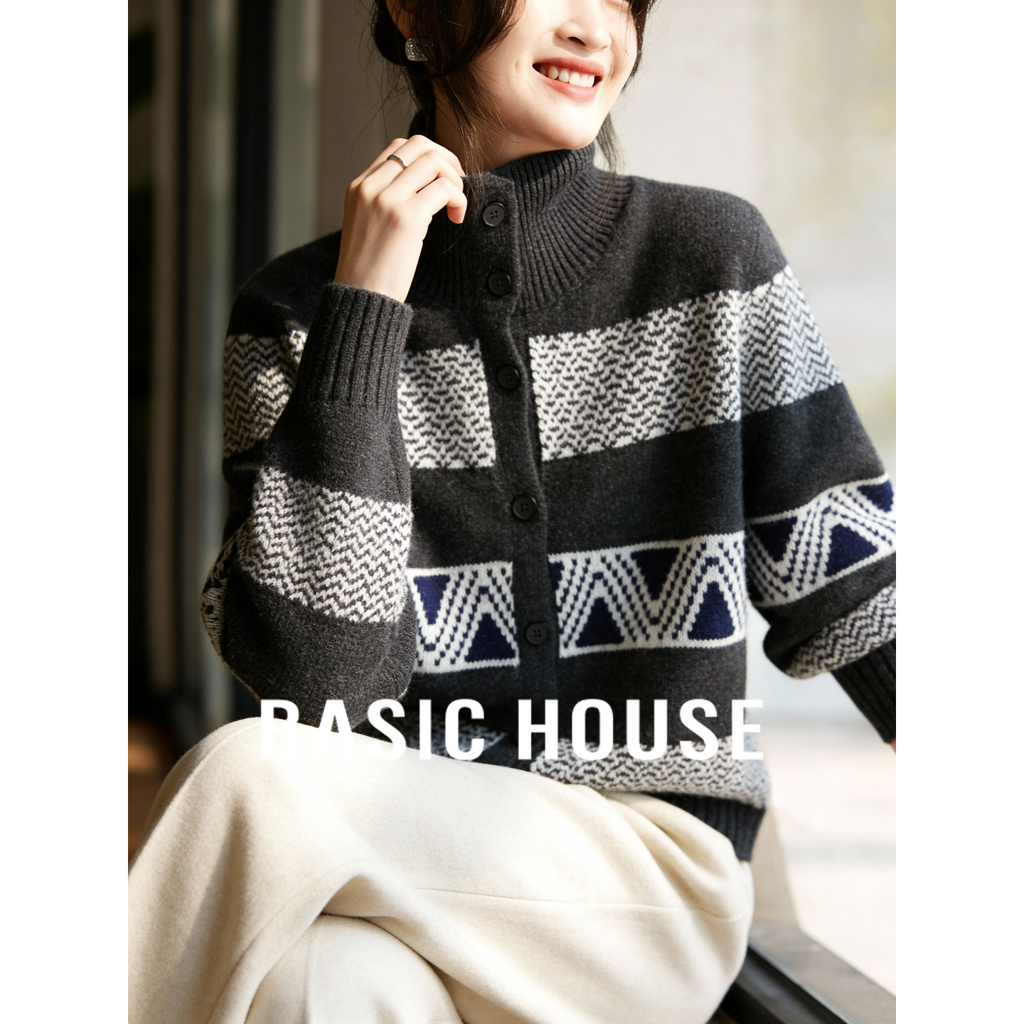 百家好立领开衫短款毛衣女冬季新款几何费尔岛绵羊毛针织开衫毛衣