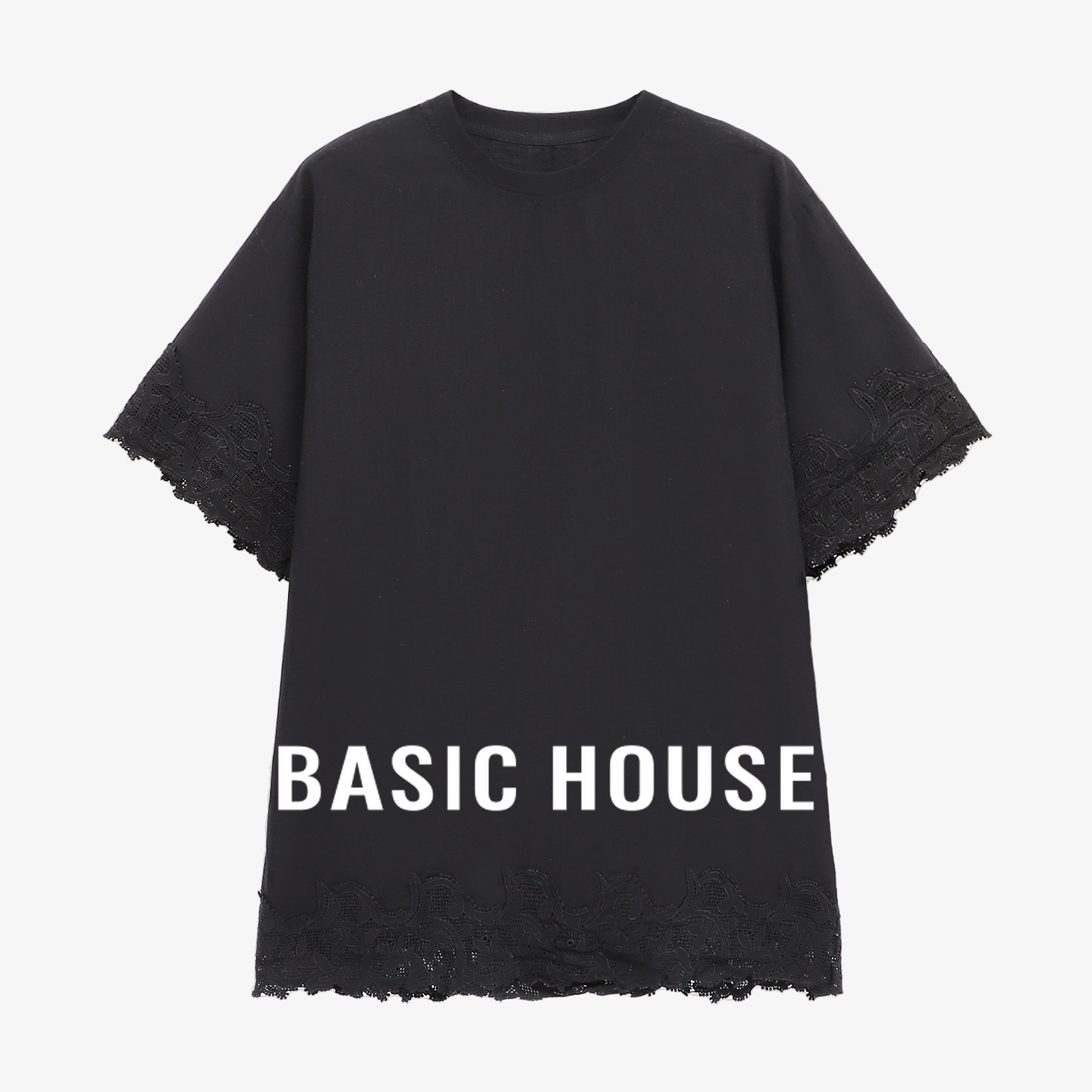 Basic House/百家好纯色蕾丝袖口下摆设计夏季新款短袖宽松T恤女