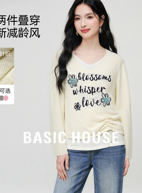 Basic House/百家好假两件抽绳针织衫女春季新款刺绣休闲长袖上衣