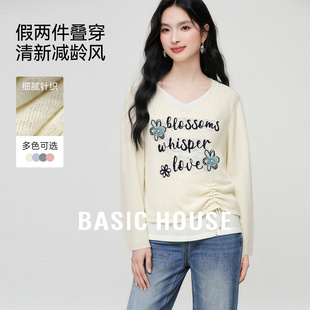 House 刺绣休闲长袖 百家好假两件抽绳针织衫 新款 上衣 女春季 Basic