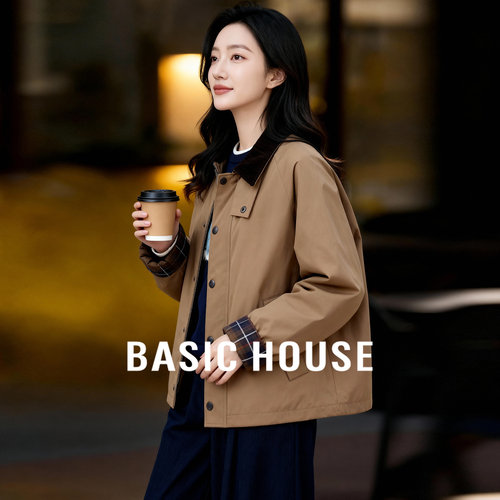Basic House/百家好复古工装风卡其色翻领外套女冬季新款宽松棉服