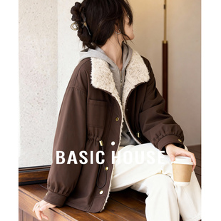 Basic House/百家好咖色翻领外套女2025冬宽松休闲加厚美拉德上衣