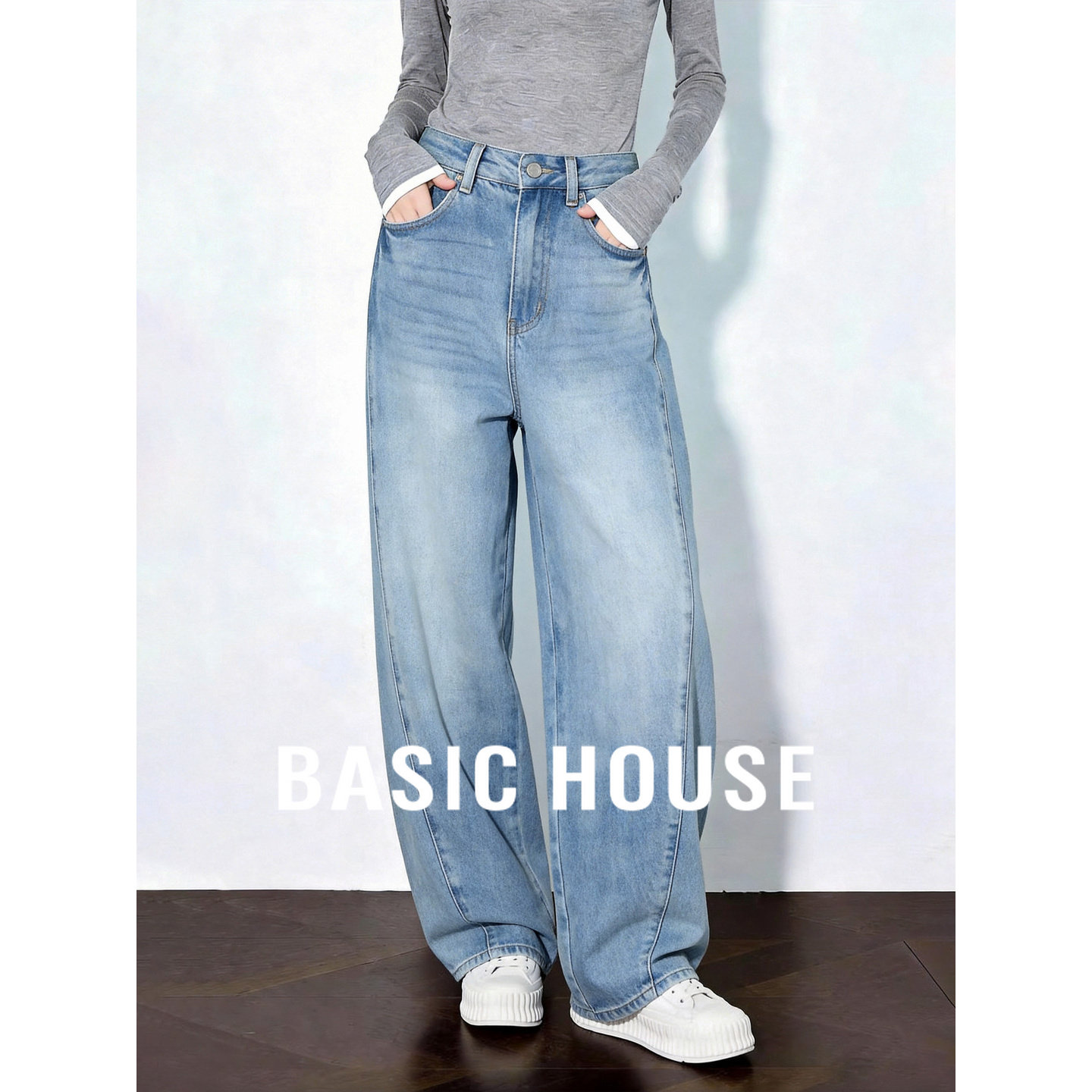 Basic House/百家好蓝色水洗直筒牛仔裤2026夏季新款纯棉休闲裤女