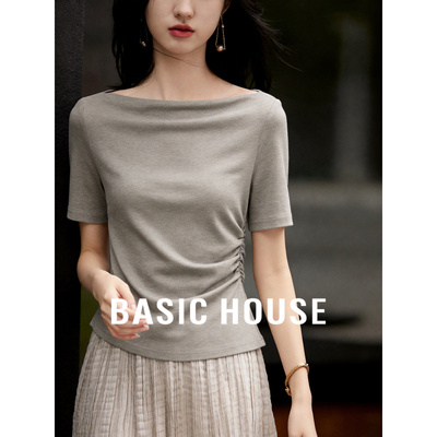 Basic House/百家好天丝亚麻一字肩短袖T恤女夏季修身捏褶上衣