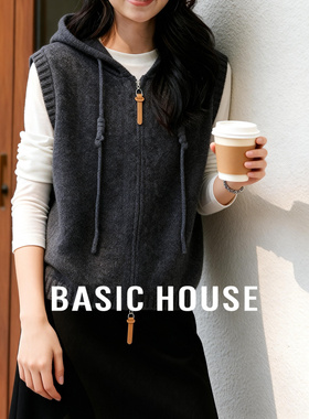 百家好拉链毛衣马甲外套春季新款女士羊毛针织衫黑色短款马夹背心