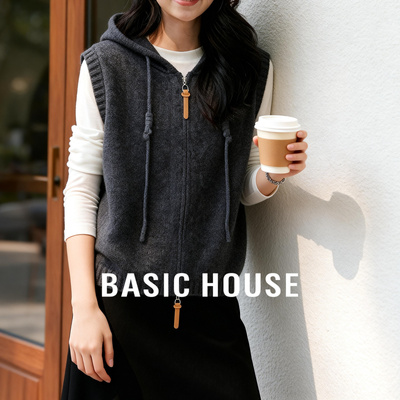 百家好拉链开衫连帽马甲外套春季新款女士针织衫黑色短款马夹背心