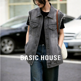Basic House/百家好复古牛仔马甲春季翻领单排扣宽松叠穿外套女