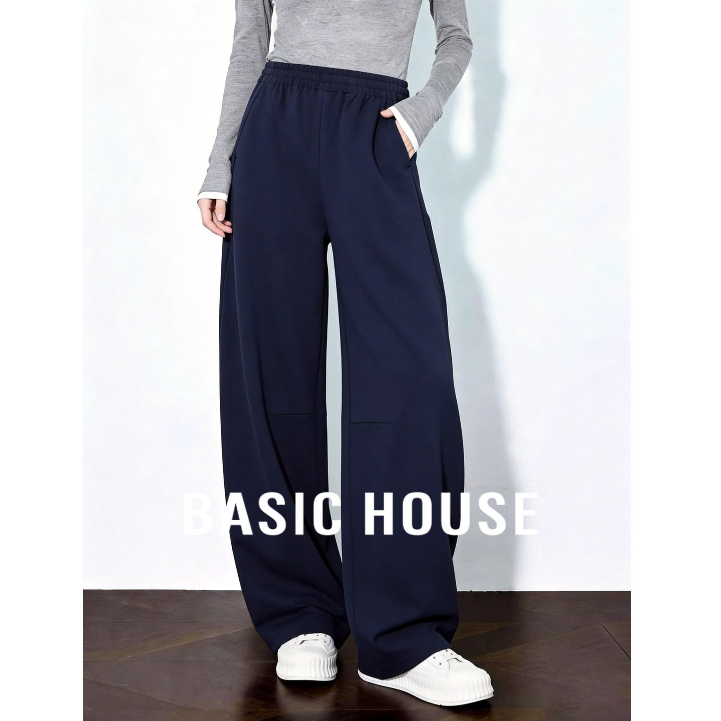 Basic House/百家好简约风松紧腰阔腿裤女夏宽松显瘦垂感休闲裤子