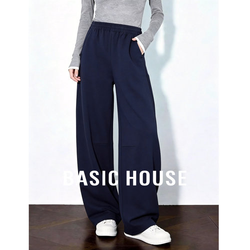 Basic House/百家好简约风松紧腰阔腿裤女夏宽松显瘦垂感休闲裤子
