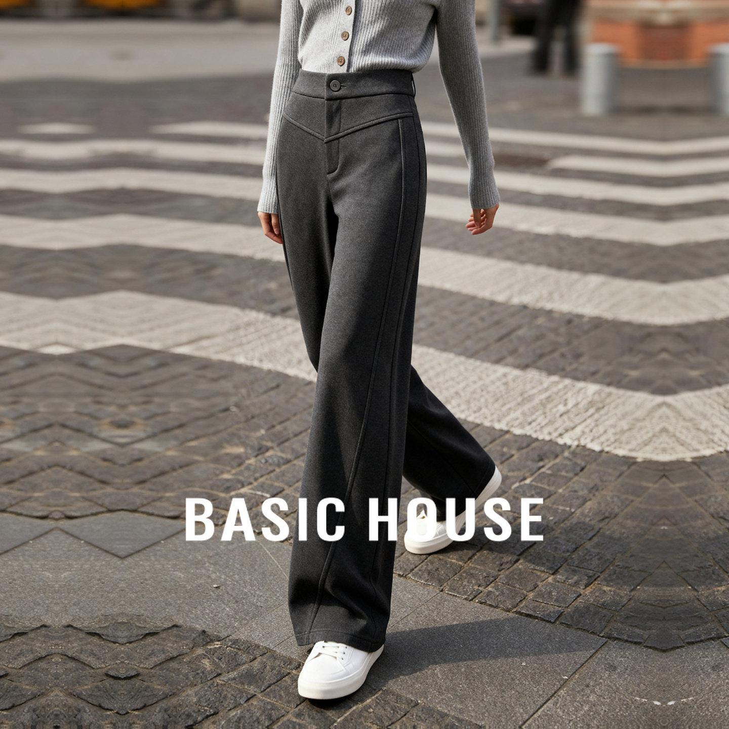 Basic House/百家好高腰休闲裤女秋冬立体剪裁宽松显瘦直筒哈伦裤