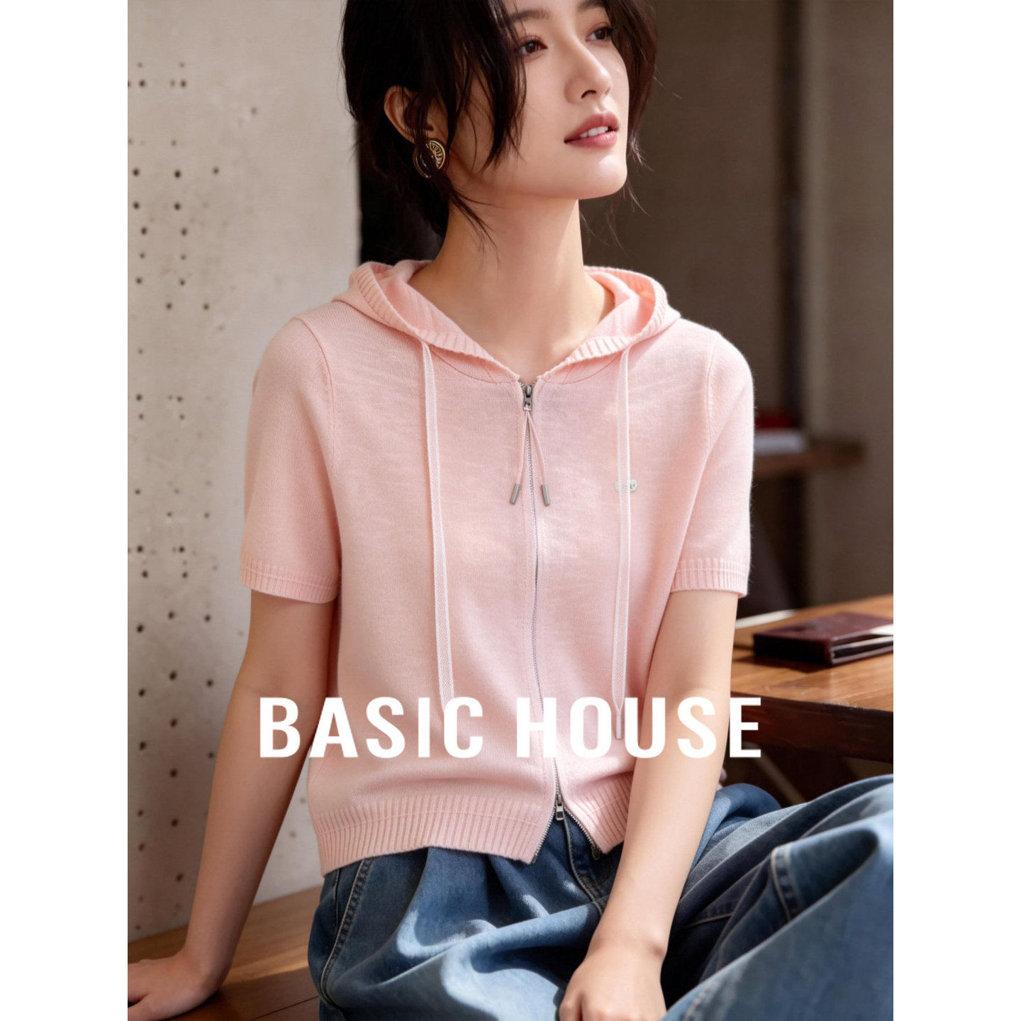 Basic House/百家好韩系拉链针织开衫女夏季新款短袖显瘦连帽上衣