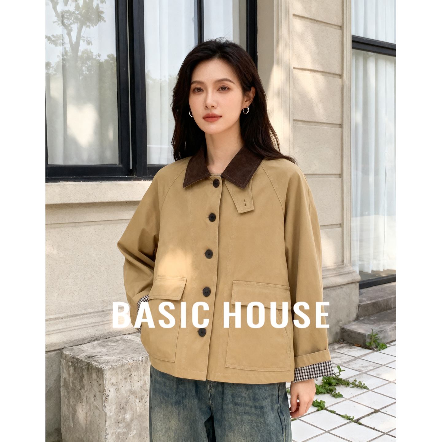 Basic House/百家好休闲工装风外套2025秋季撞色衣领格纹袖口上衣