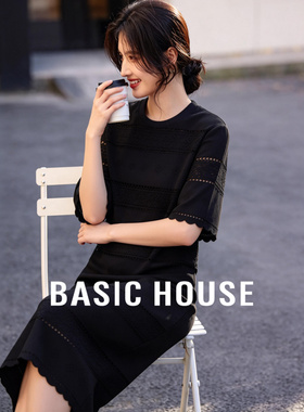 Basic House/百家好蕾丝拼接镂空连衣裙女夏季新款黑色中长款裙子