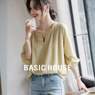 中袖 Basic 女夏季 百家好V领竖条纹衬衫 显瘦优雅气质上衣 House