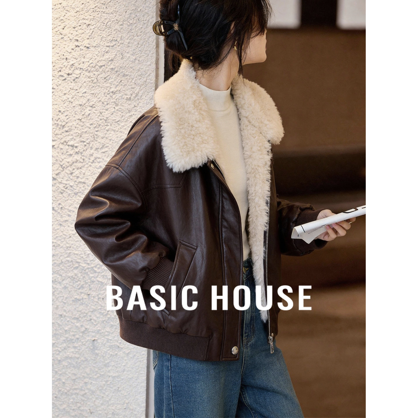 Basic House/百家好小翻领加厚pu短外套女冬季复古风宽松夹克上衣,女装/女士精品,短外套,淘宝优惠券,粉丝福利购,淘宝优惠卷