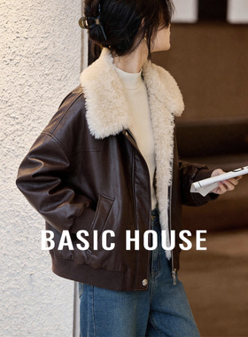 Basic House/百家好小翻领加厚pu短外套女冬季复古风宽松夹克上衣