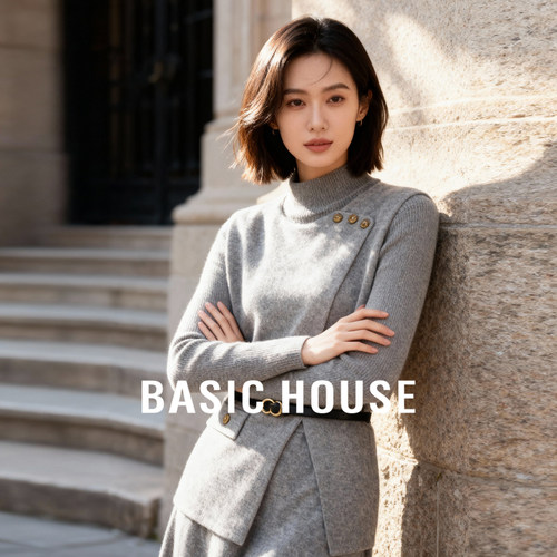 Basic House/百家好秋冬时尚套装圆领不规则马甲灰色连衣裙两件套