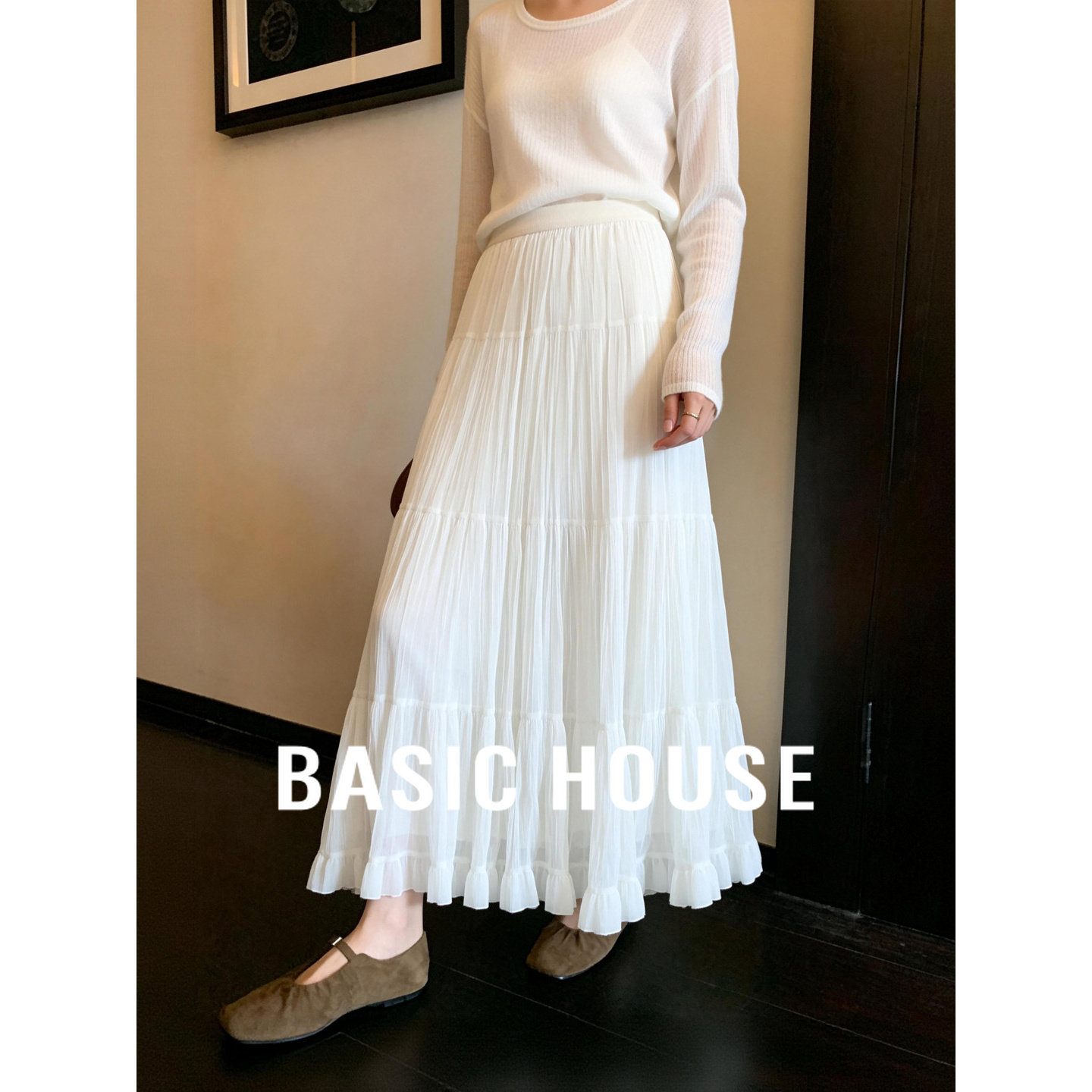 Basic House/百家好白色百褶半身裙女春季新款蛋糕纱裙法式A字裙