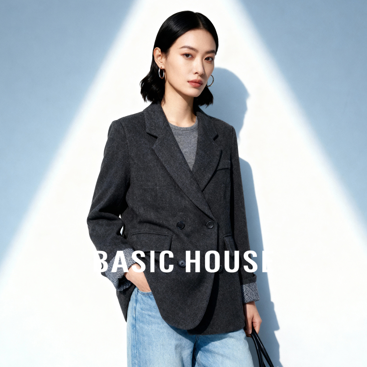 Basic House/百家好灰色翻领羽绒西装外套冬季高级感宽松加厚上衣