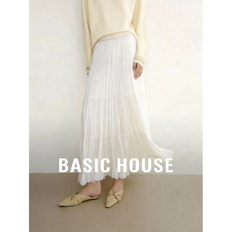 Basic House/百家好白色百褶半身裙女春季新款蛋糕纱裙百搭A字裙