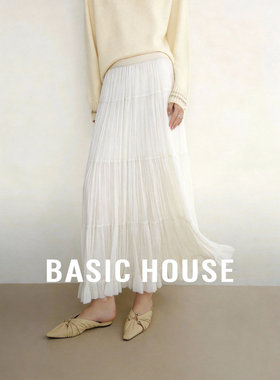 Basic House/百家好白色百褶半身裙女春季新款蛋糕纱裙百搭A字裙