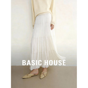 新款 百家好白色百褶半身裙女春季 蛋糕纱裙百搭A字裙 House Basic