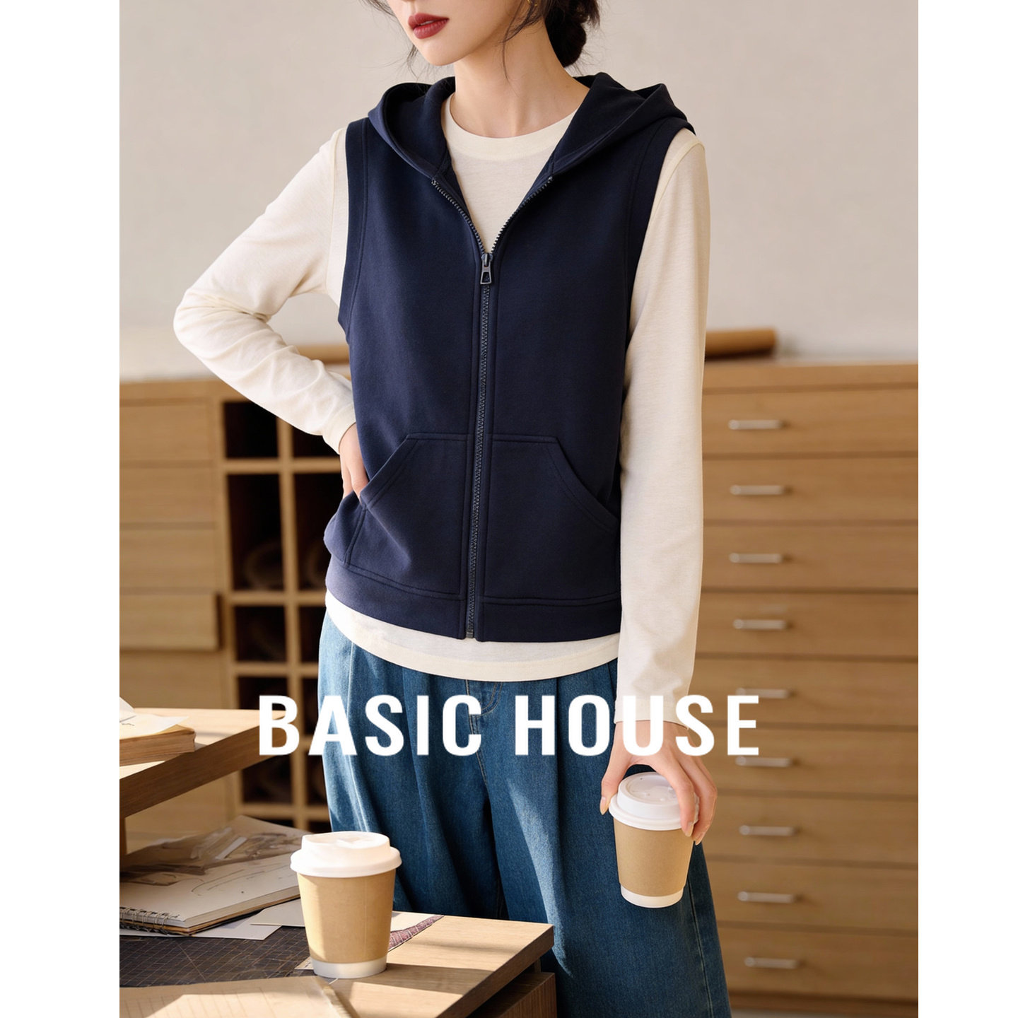 Basic House/百家好连帽无袖马甲女2026春拉链开衫休闲外穿背心