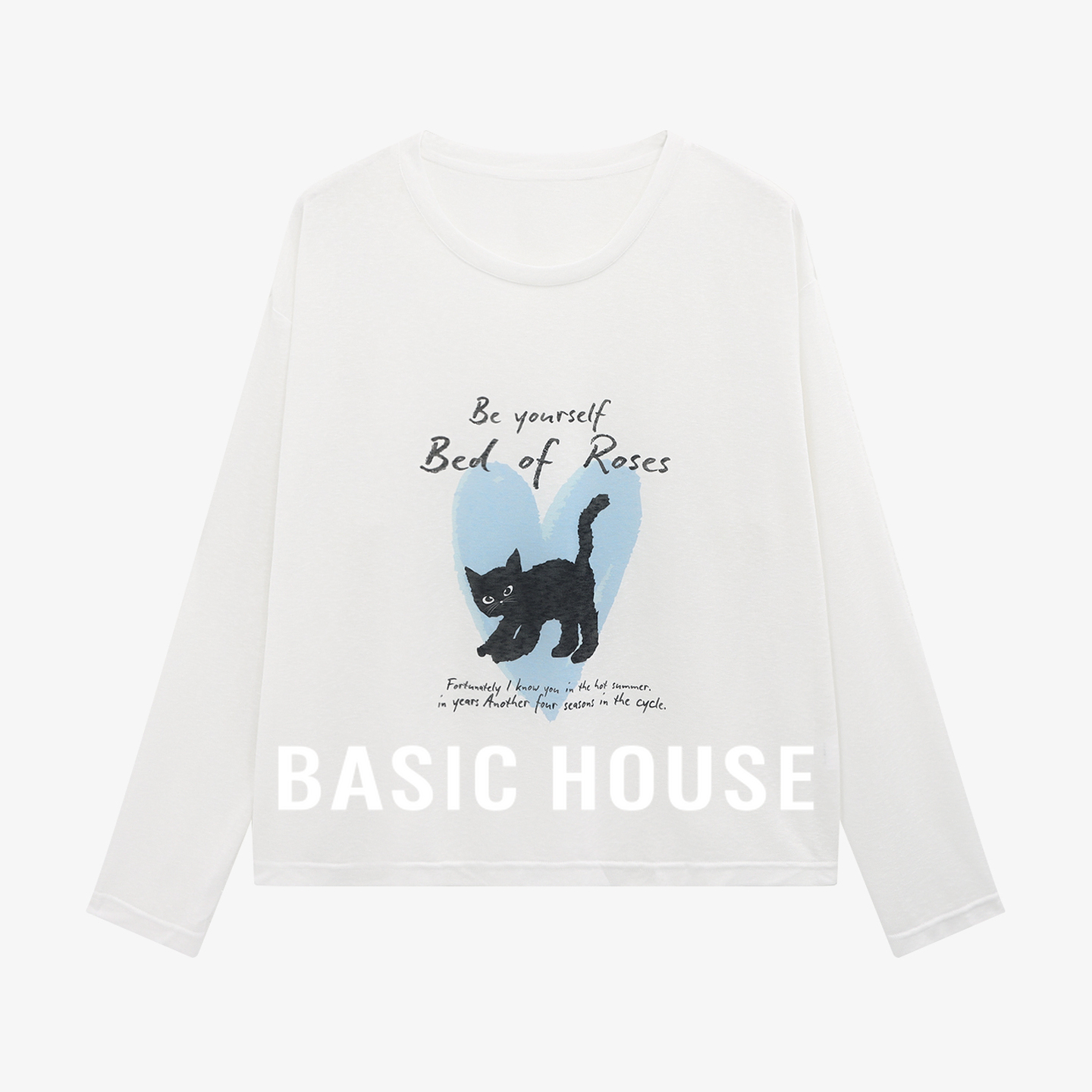 Basic House/百家好白色长袖T恤女秋新款可爱印花宽松休闲潮流T恤