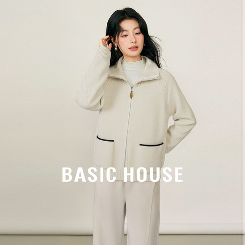 Basic House/百家好慵懒风翻领拉链毛衣秋季女流行插肩袖开衫外套