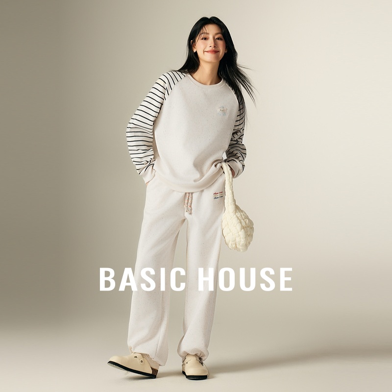 Basic House/百家好秋季套装条纹插肩袖卫衣休闲卫裤两件套2025女