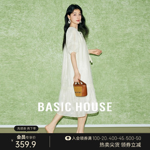 House 泡泡短袖 百家好新中式 新款 白色长裙子 刺绣连衣裙夏季 Basic