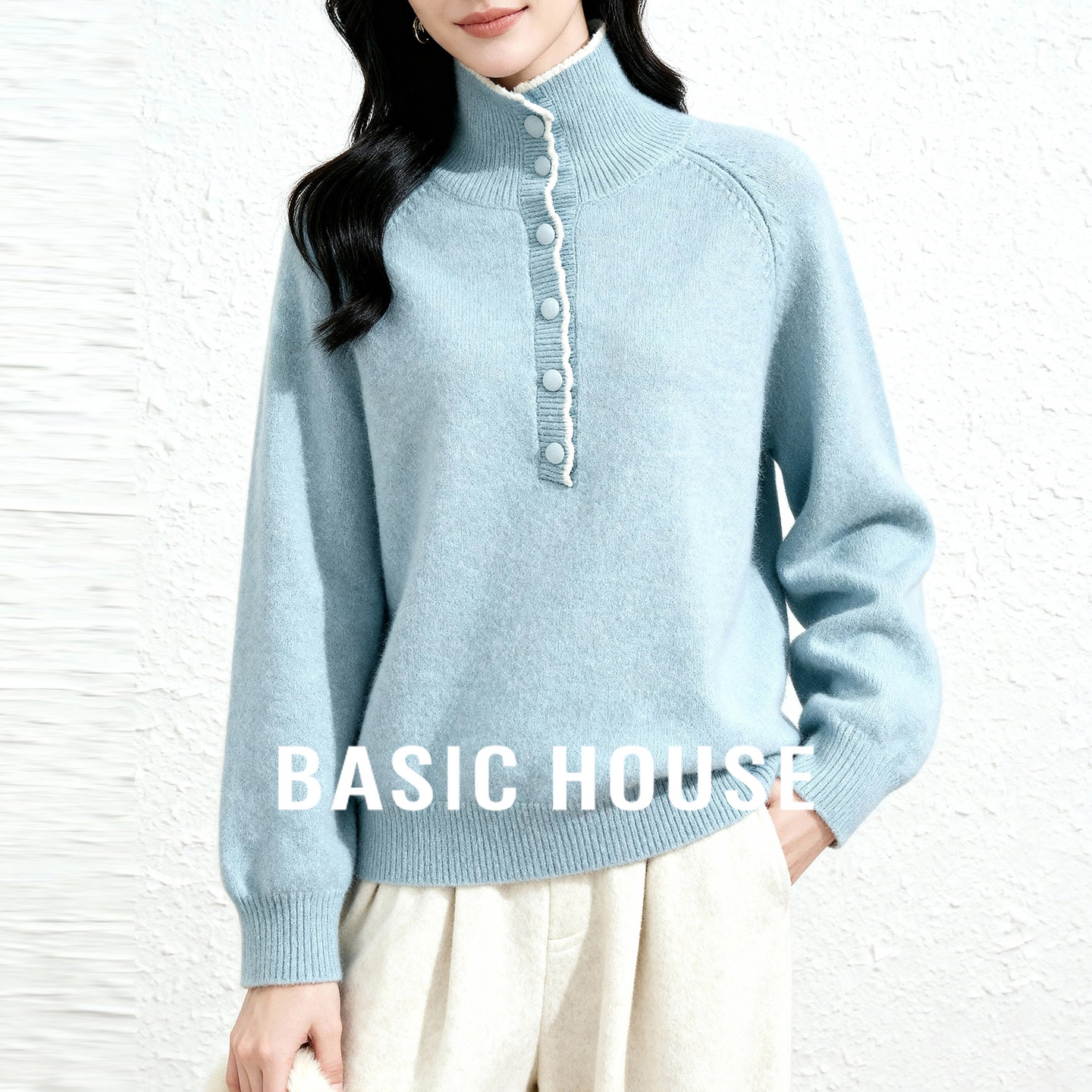 Basic House/百家好立领撞色单排扣上衣女冬2025新款宽松套头上衣