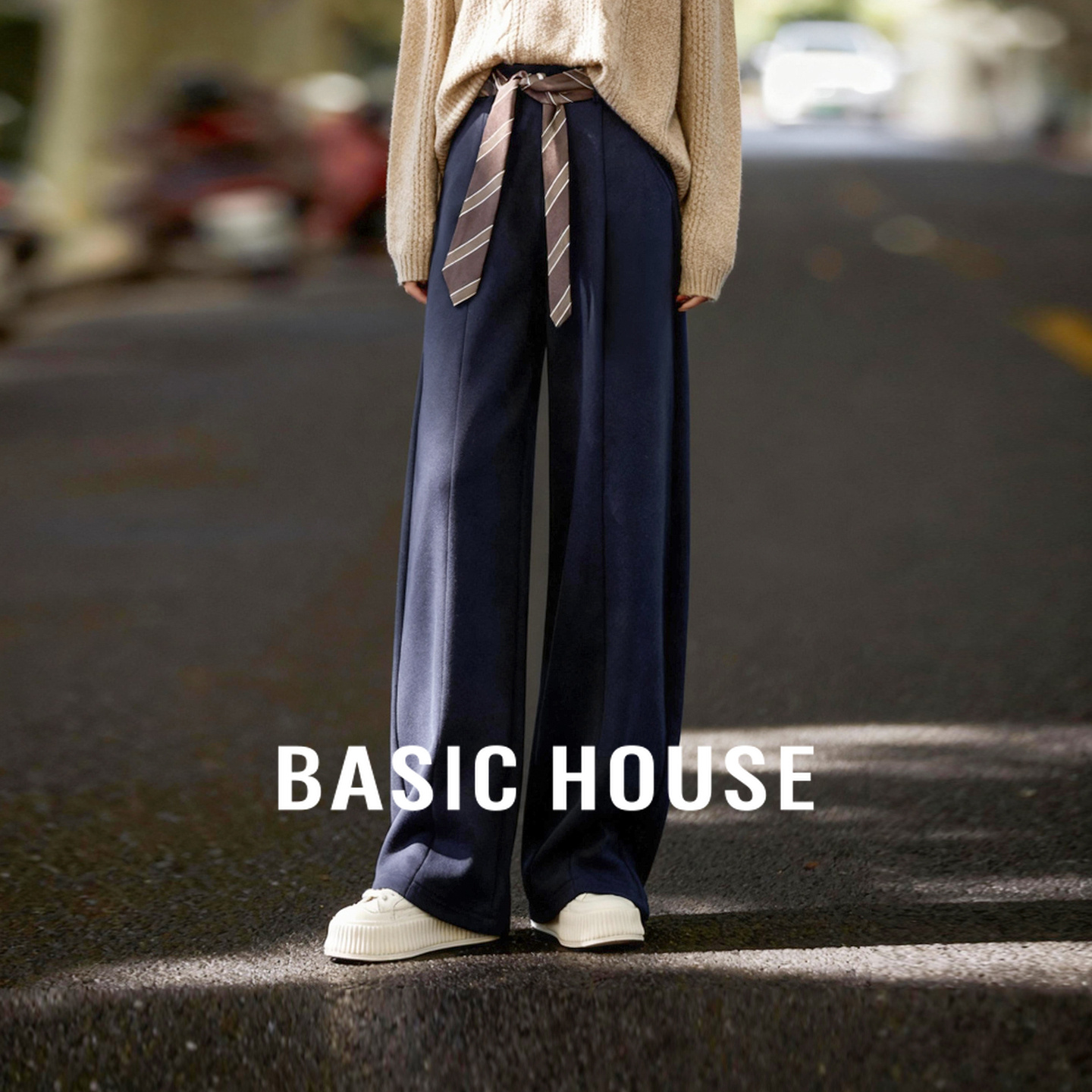 Basic House/百家好加绒加厚阔腿休闲裤女2025冬季新款设计感长裤