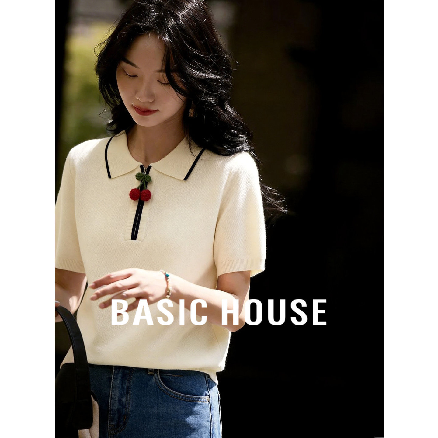 Basic House/百家好撞色短袖针织衫套头减龄春夏季正肩polo领上衣