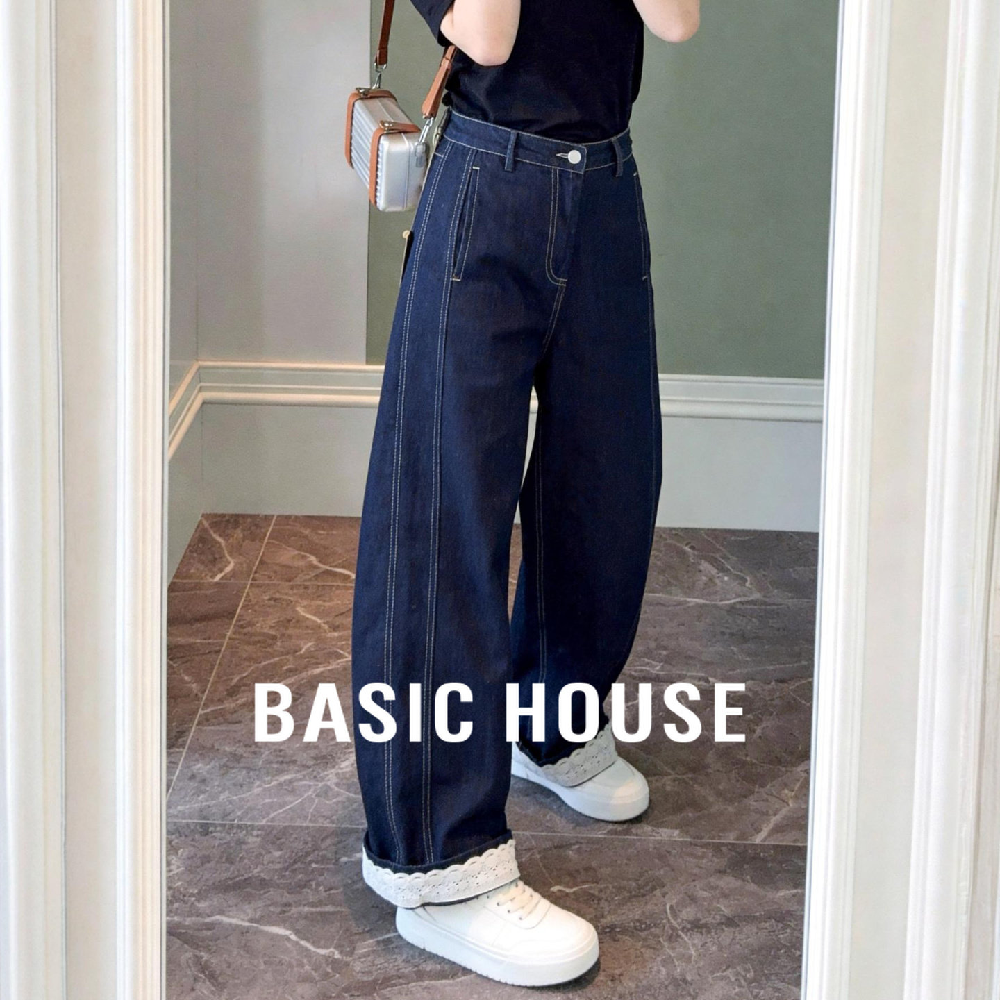 Basic House/百家好丹宁色卷边牛仔裤直筒高腰蕾丝拼接阔腿裤春季