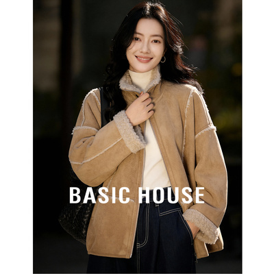Basic House/百家好翻领拉链皮毛一体短款外套女秋冬加厚保暖上衣