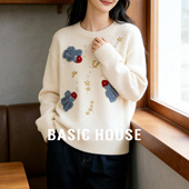 House 百家好刺绣白色毛衣女秋冬新款 宽松针织衫 Basic 上衣羊毛衫