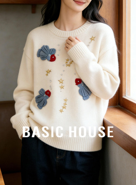 Basic House/百家好刺绣白色毛衣女春季新款宽松针织衫上衣羊毛衫