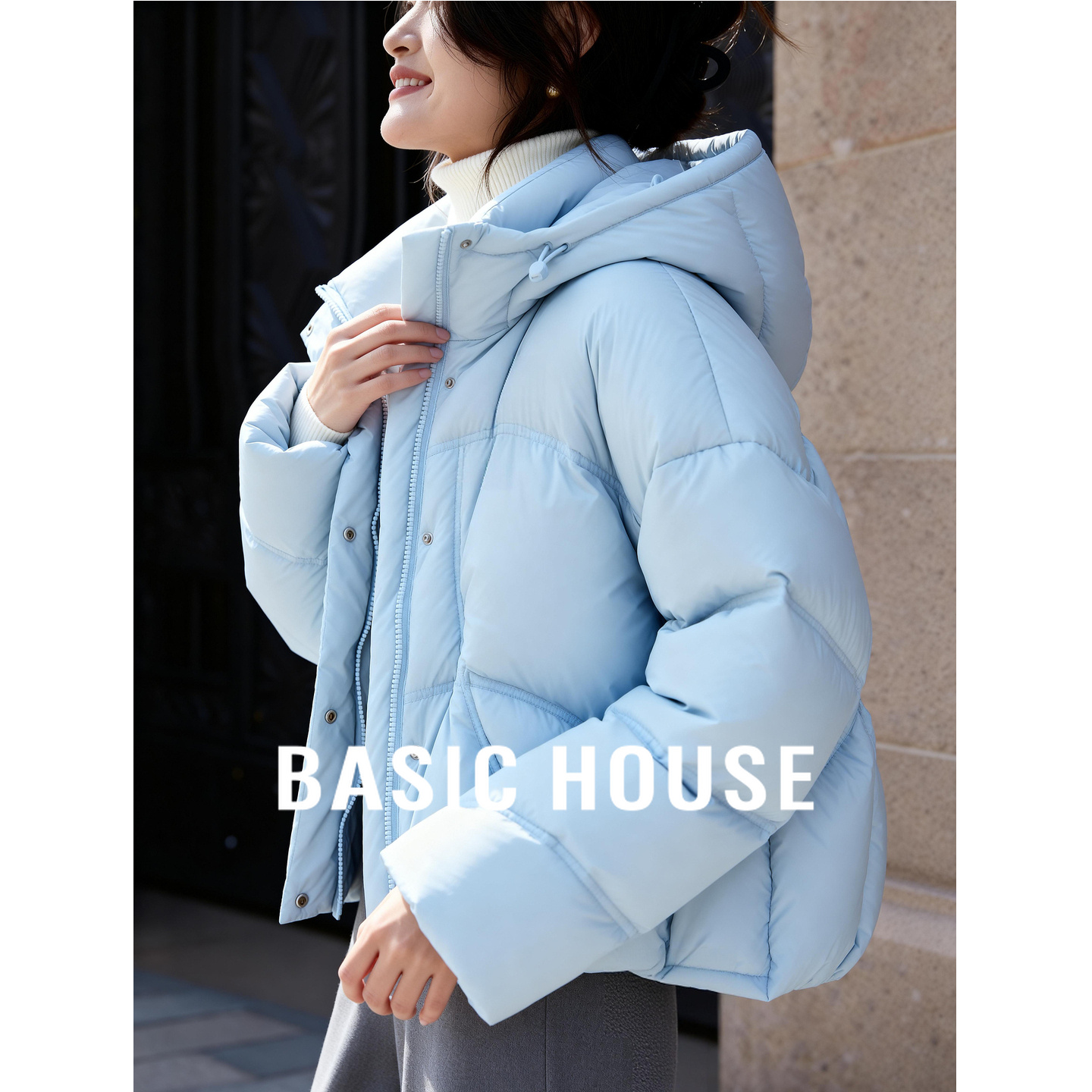 Basic House/百家好蓝色羽绒服女2025冬新款短款鸭绒加厚保暖外套
