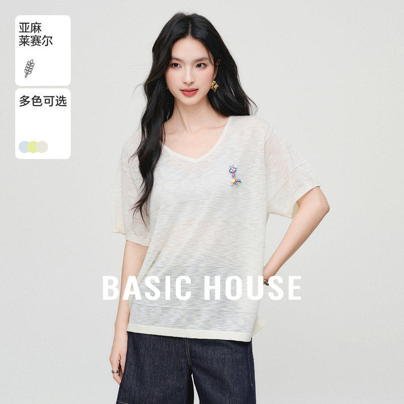 Basic House/百家好复古V领短袖针织衫夏新款通勤气质针织上衣女