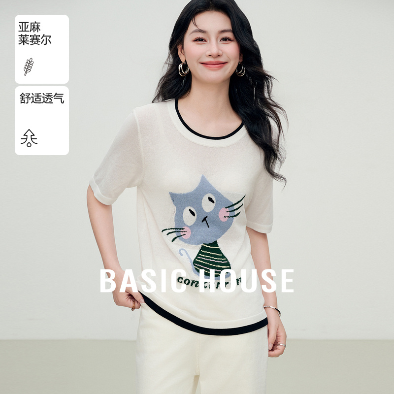 Basic House/百家好莱赛尔卡通刺绣针织衫夏季短袖撞色套头上衣女