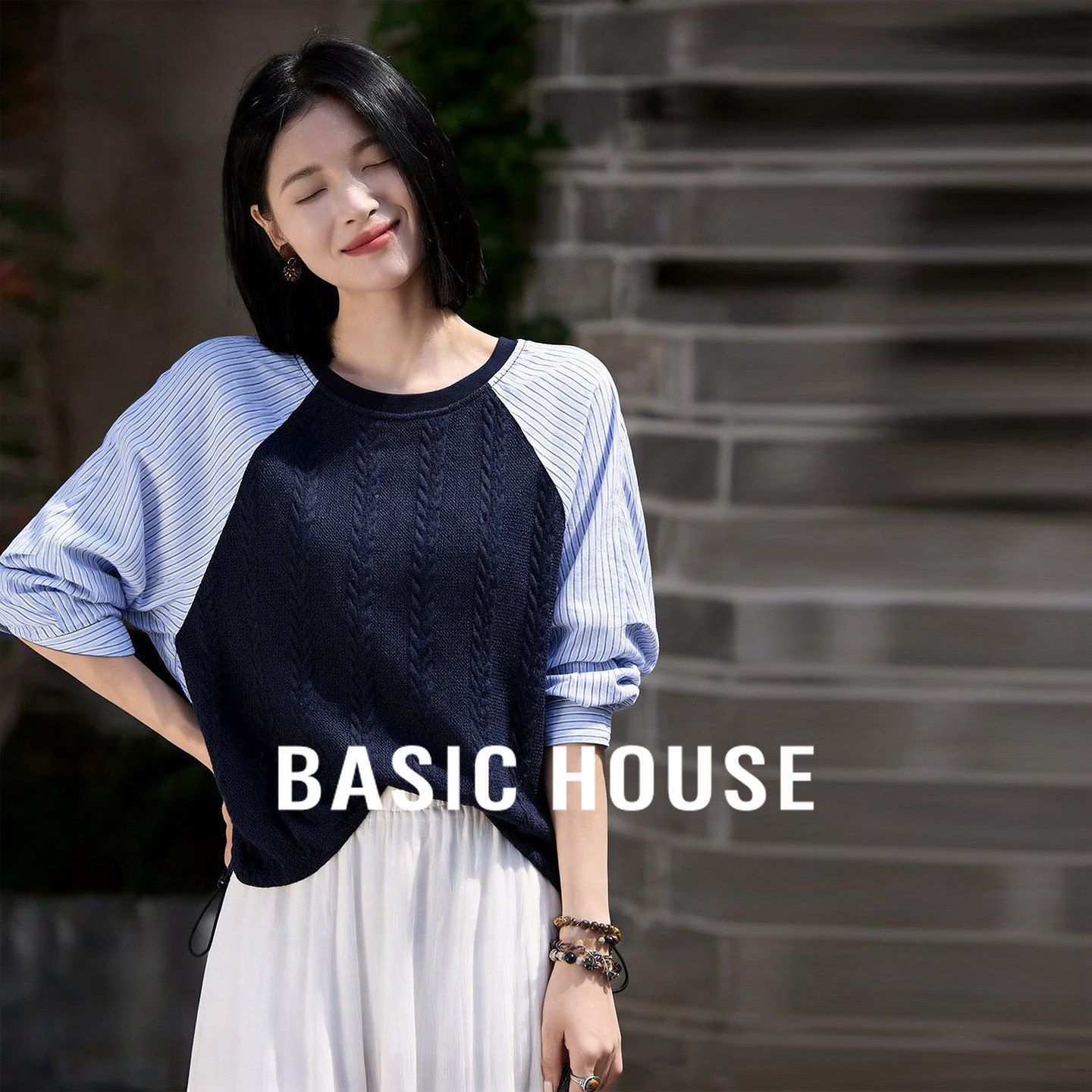 百家好2026春季新款藏青假两件针织衫女麻花针织宽松显瘦抽绳上衣