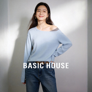 Basic House/百家好春季拼接斜肩针织衫假两件套头长袖上衣慵懒风
