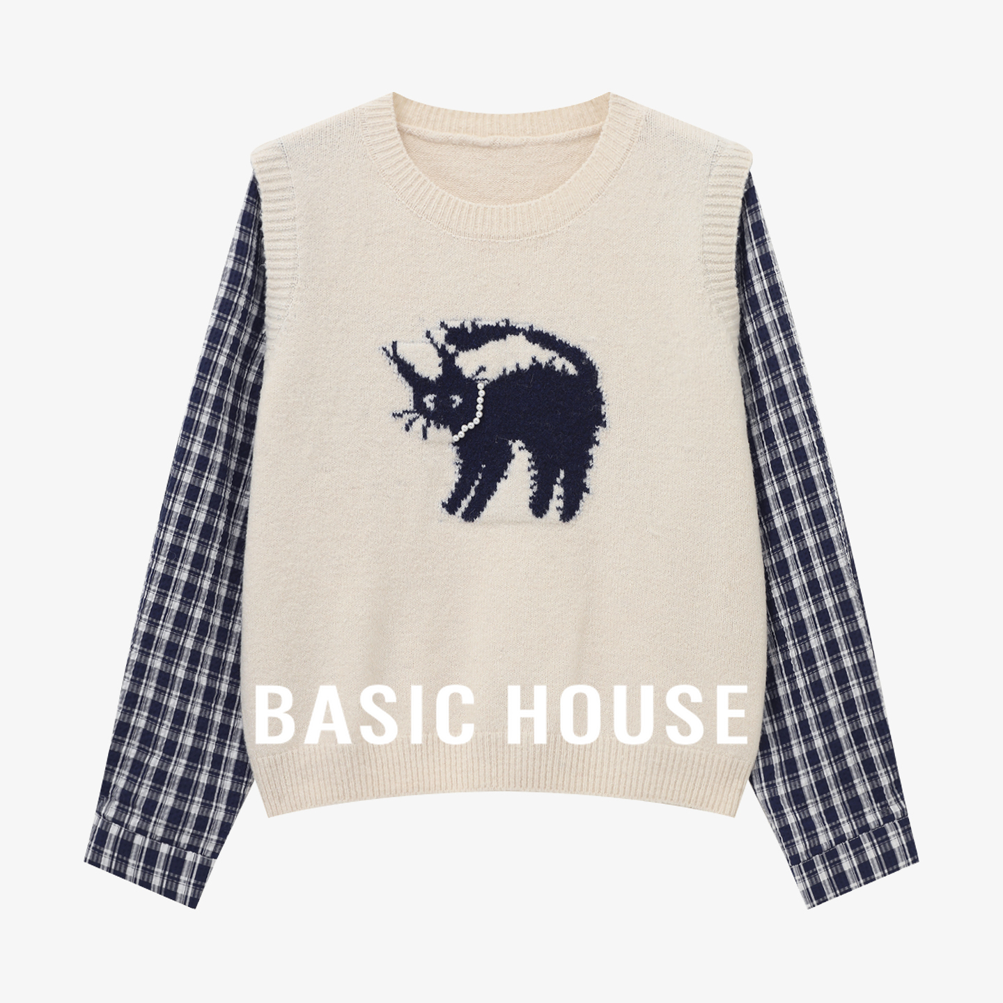 Basic House/百家好假两件针织衫女2025秋季格纹拼接圆领长袖上衣