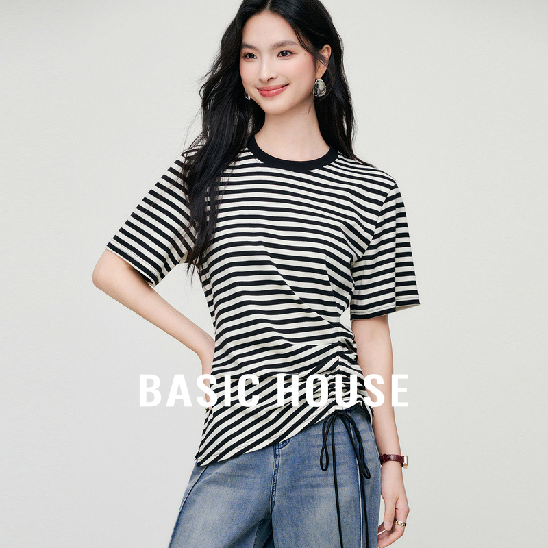 Basic House百家好通勤显瘦抽褶上衣女2025夏新款条纹百搭短袖T恤