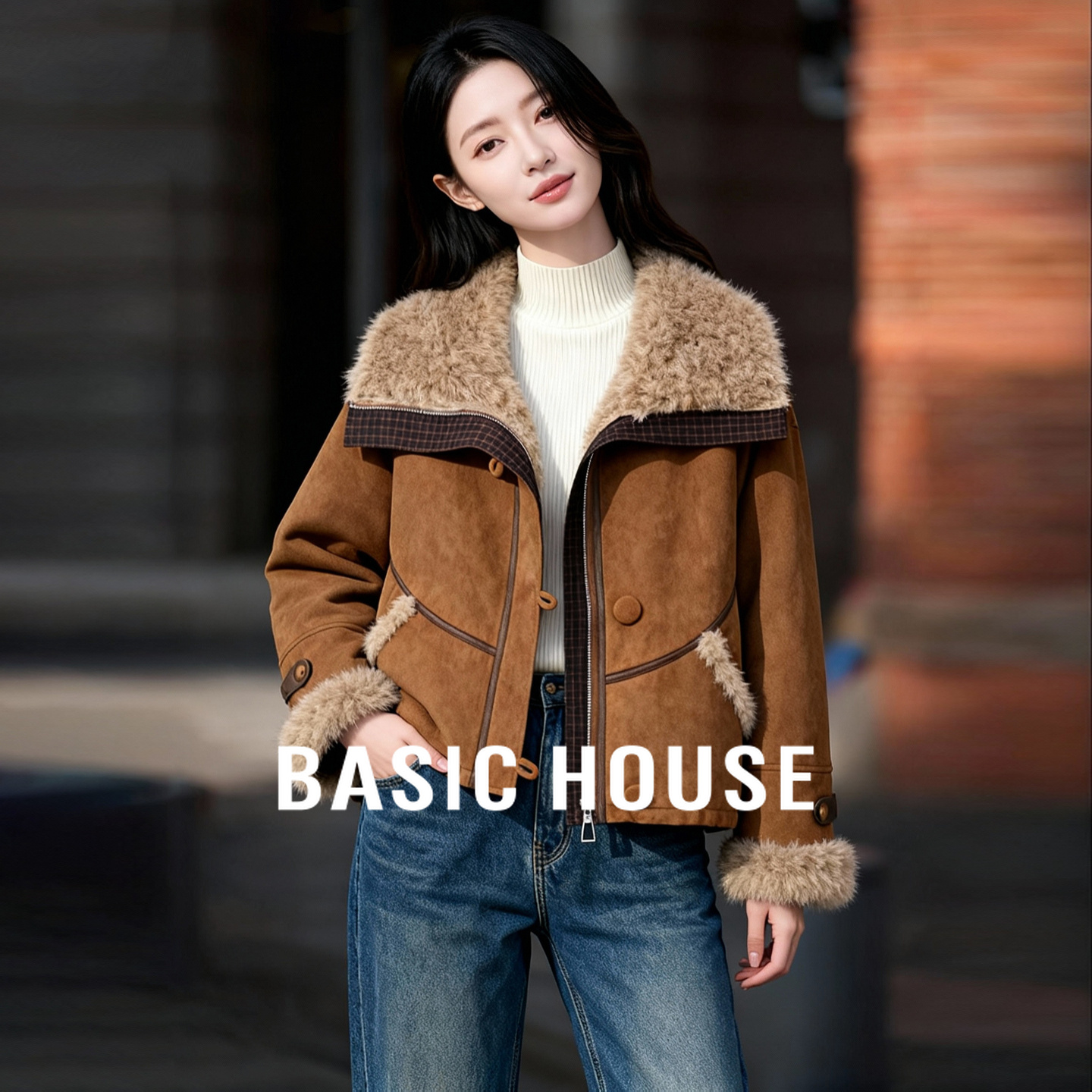 Basic House/百家好复古风翻领毛毛开衫女冬季皮毛一体保暖短外套