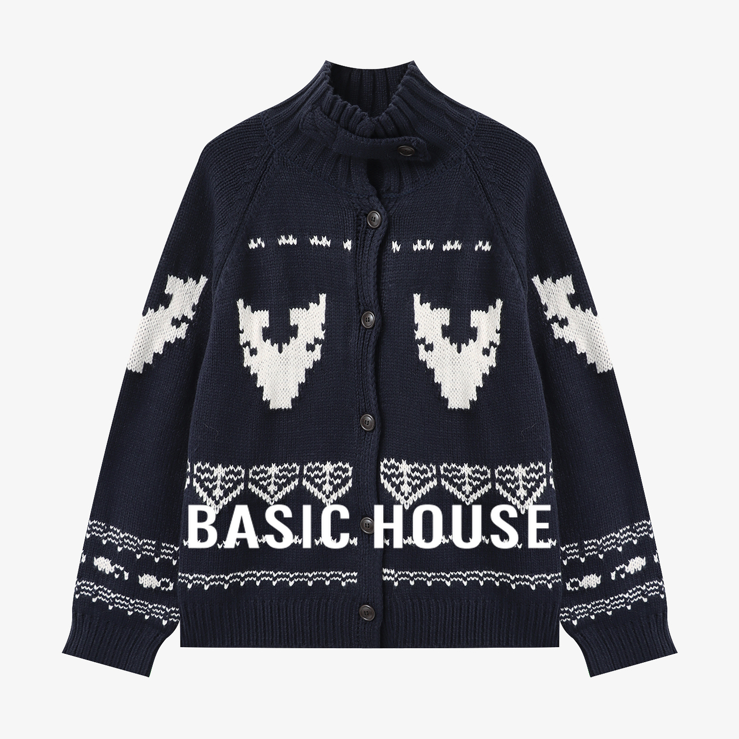 Basic House/百家好复古提花立领针织开衫女秋冬宽松慵懒毛衣外套