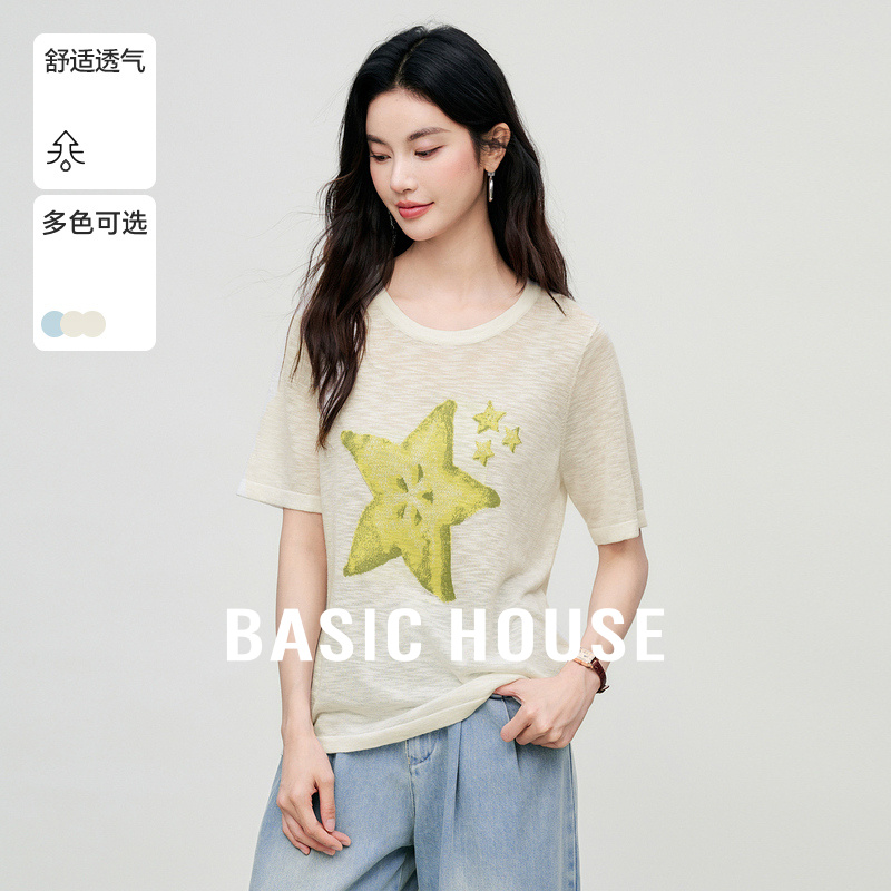 Basic House/百家好杨桃刺绣短袖针织衫夏季流行圆领撞色套头上衣