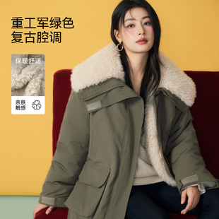 保暖中长款 百家好毛毛翻领绿色棉服冬季 棉衣外套女 House Basic